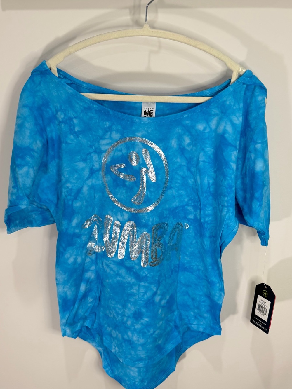 Size XS Zumba Forever Wild Cold Shoulder Blue Tie Dye Stretch Short Sleeve Top